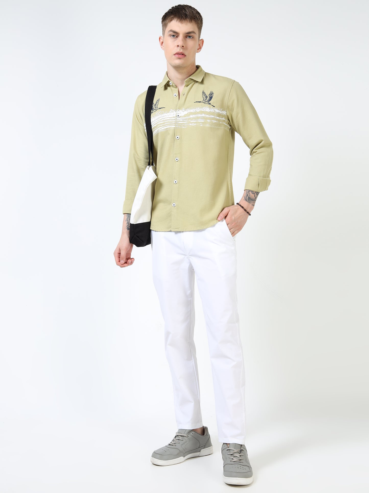Men’s Light Olive Cotton Casual Shirt with Flying Bird Embroidery