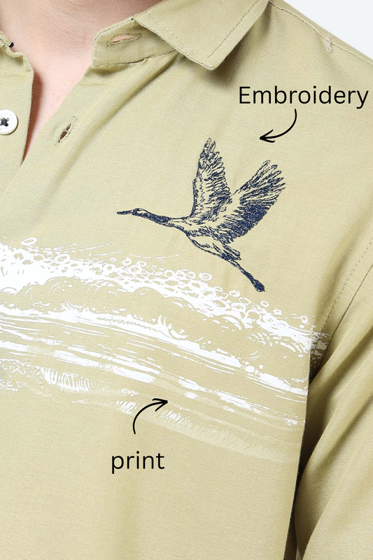 Men’s Light Olive Cotton Casual Shirt with Flying Bird Embroidery