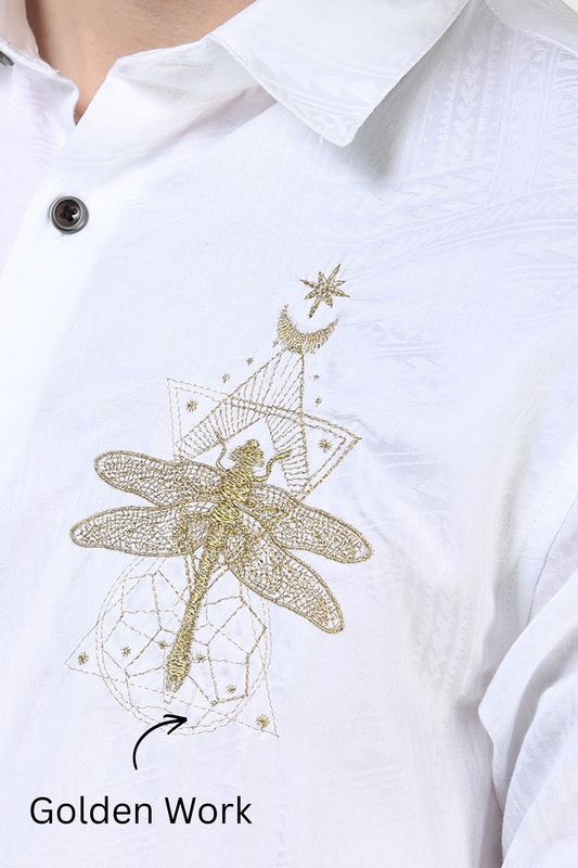 Men’s White Textured Cotton Casual Shirt with Golden Dragonfly Embroidery
