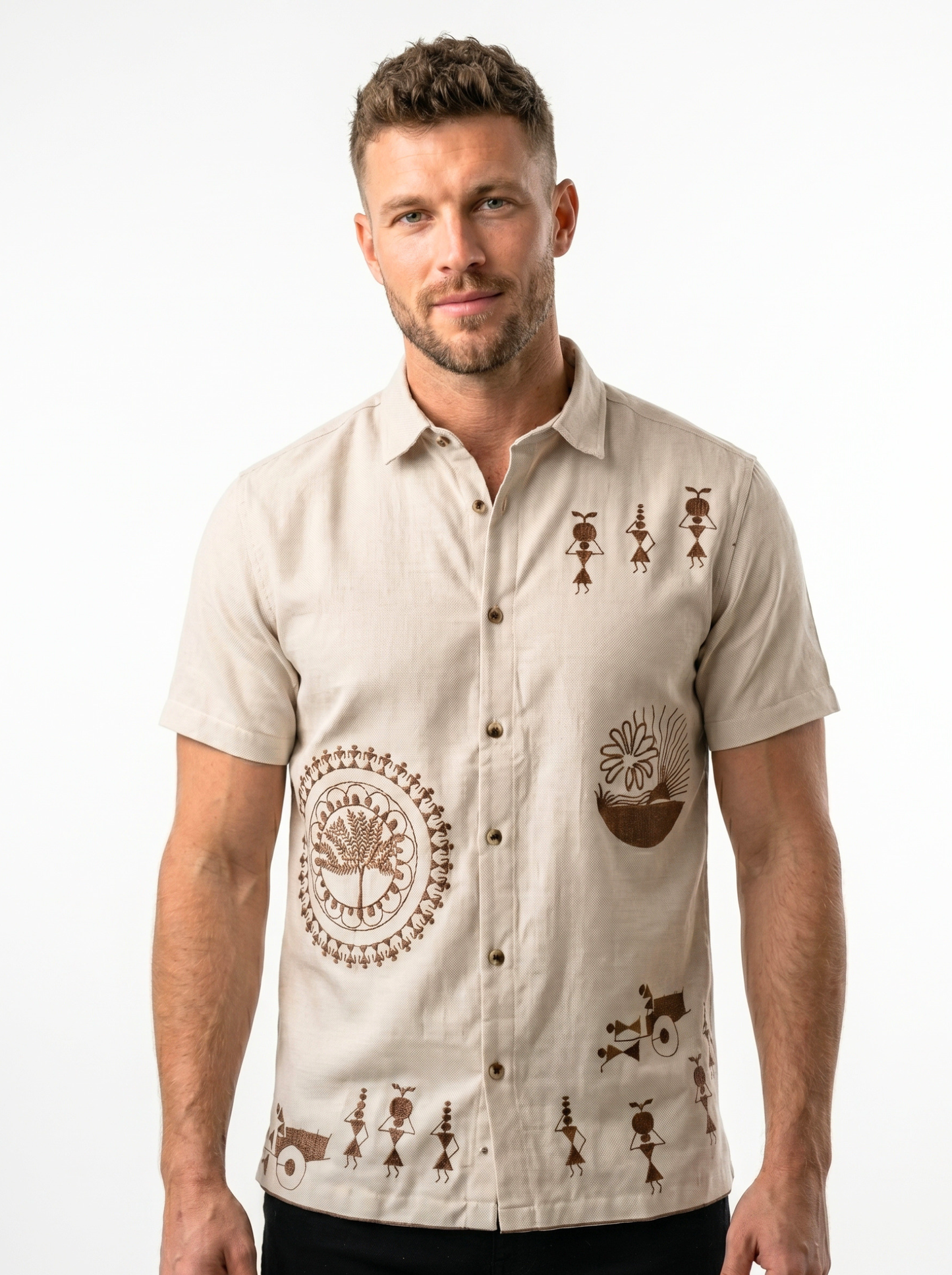 Heritage Embroidery Beige Cotton Shirt