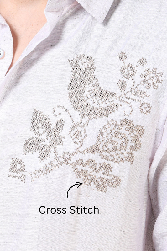 Men’s Light Lavender Textured Cotton Casual Shirt with Bird Embroidery