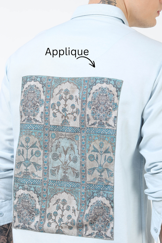 Men’s Light Blue Cotton Casual Shirt with Contrast Printed Pocket