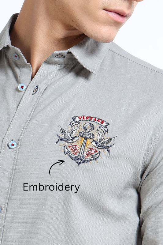 Men’s Grey Cotton Casual Shirt with Anchor Embroidery