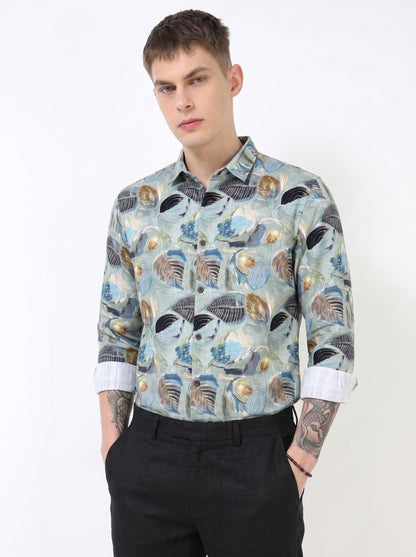 Blue Botanical Print Shirt