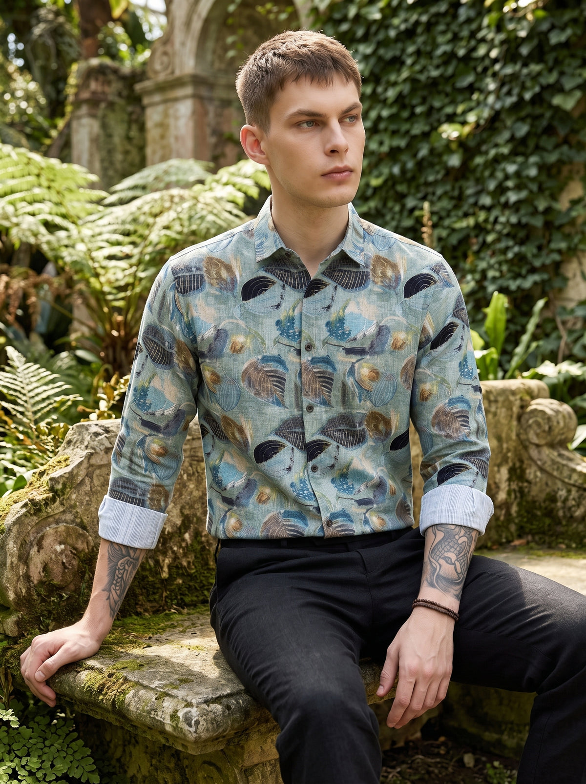 Blue Botanical Print Shirt