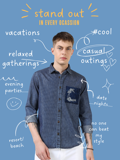 Men’s Navy Striped Cotton Casual Shirt with Contrast Embroidered Pocket