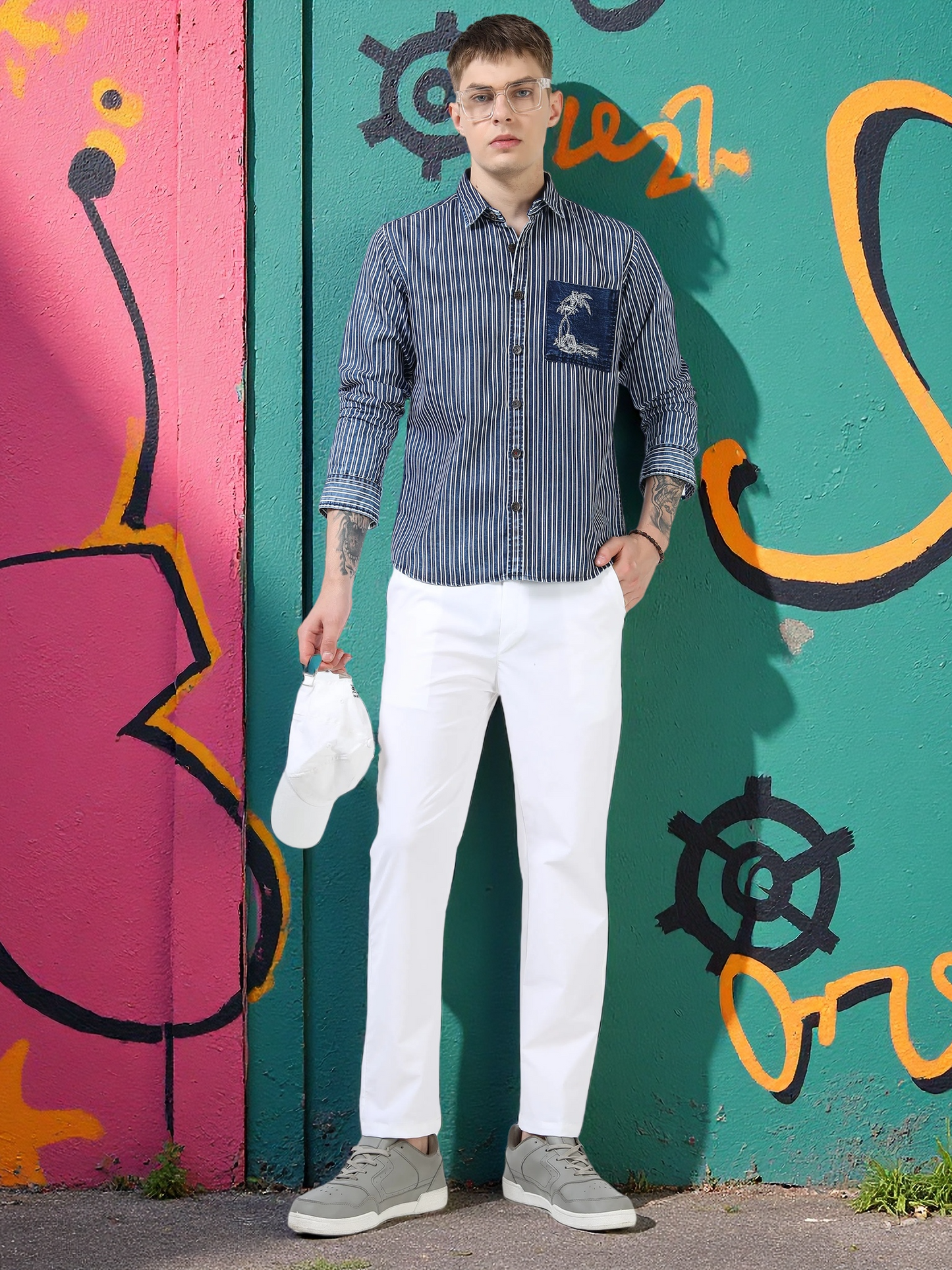 Men’s Indigo Striped Cotton Casual Shirt with Contrast Embroidered Pocket