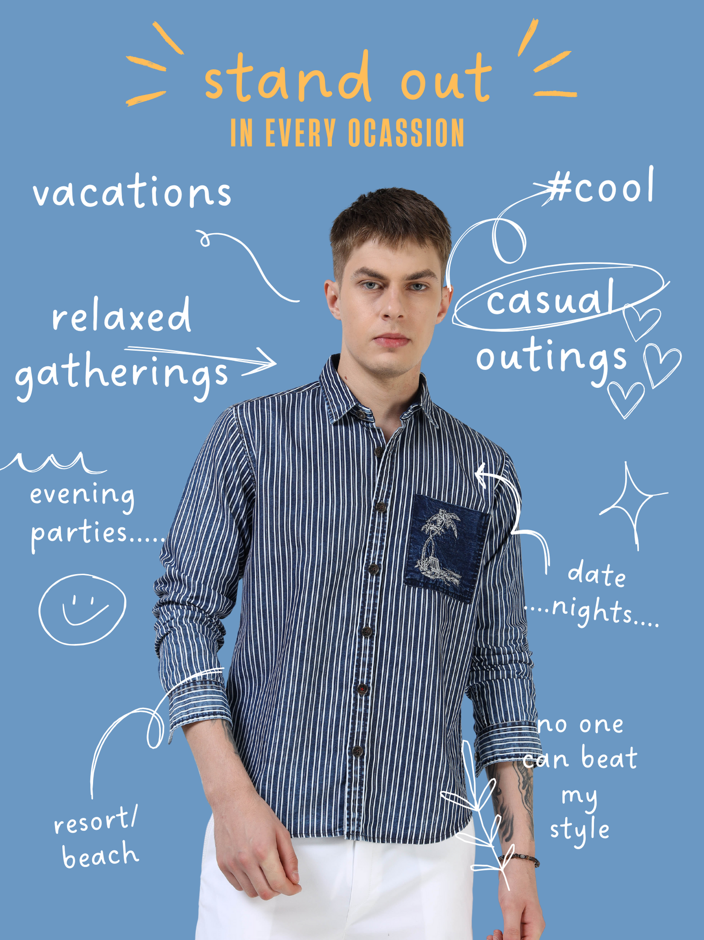 Men’s Indigo Striped Cotton Casual Shirt with Contrast Embroidered Pocket