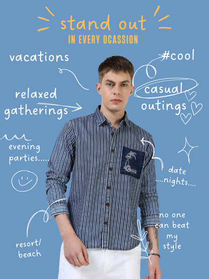 Men’s Indigo Striped Cotton Casual Shirt with Contrast Embroidered Pocket