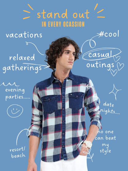 Men’s Indigo Blue Plaid Denim Cotton Utility Shirt with Dual Flap Pockets