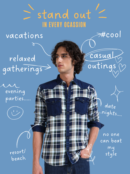 Men’s Indigo Denim Hooded Utility Shirt with Plaid Contrast Sleeves