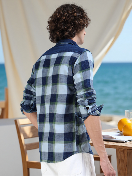 Men’s Indigo Green Plaid Denim Cotton Utility Shirt with Dual Flap Pockets