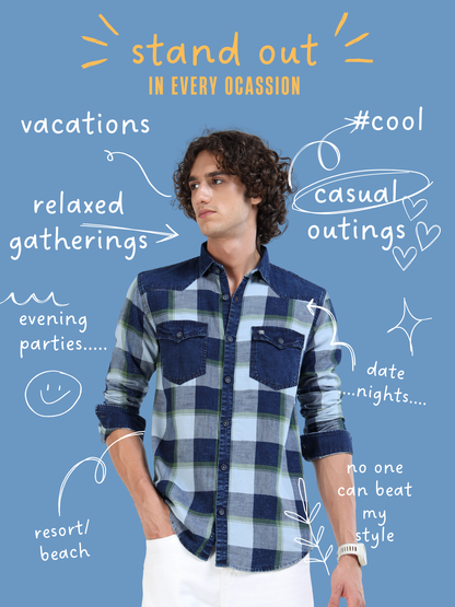 Men’s Indigo Green Plaid Denim Cotton Utility Shirt with Dual Flap Pockets