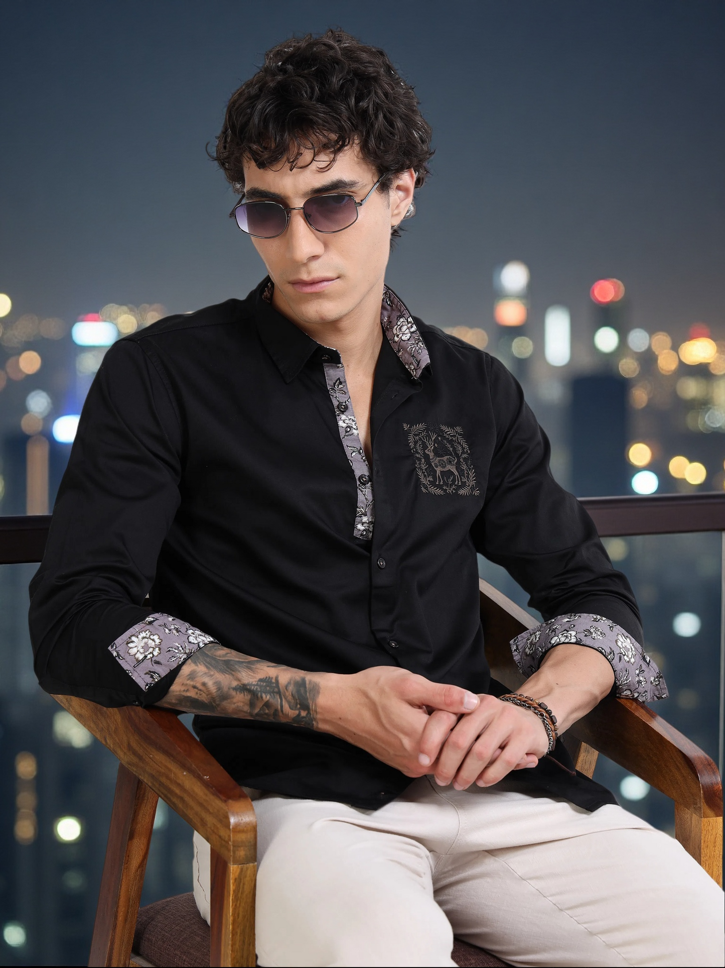 Men’s Black Cotton Casual Shirt with Embroidered Deer Detailing