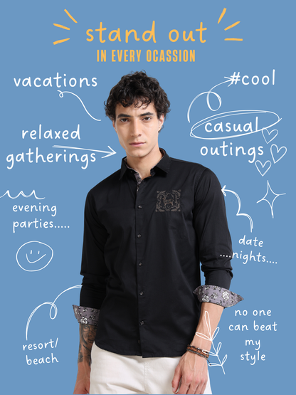 Men’s Black Cotton Casual Shirt with Embroidered Deer Detailing