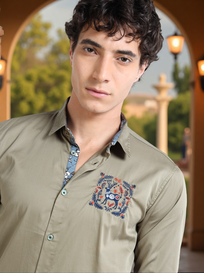 Men’s Olive Green Slim-Fit Shirt with Embroidered Stag Motif