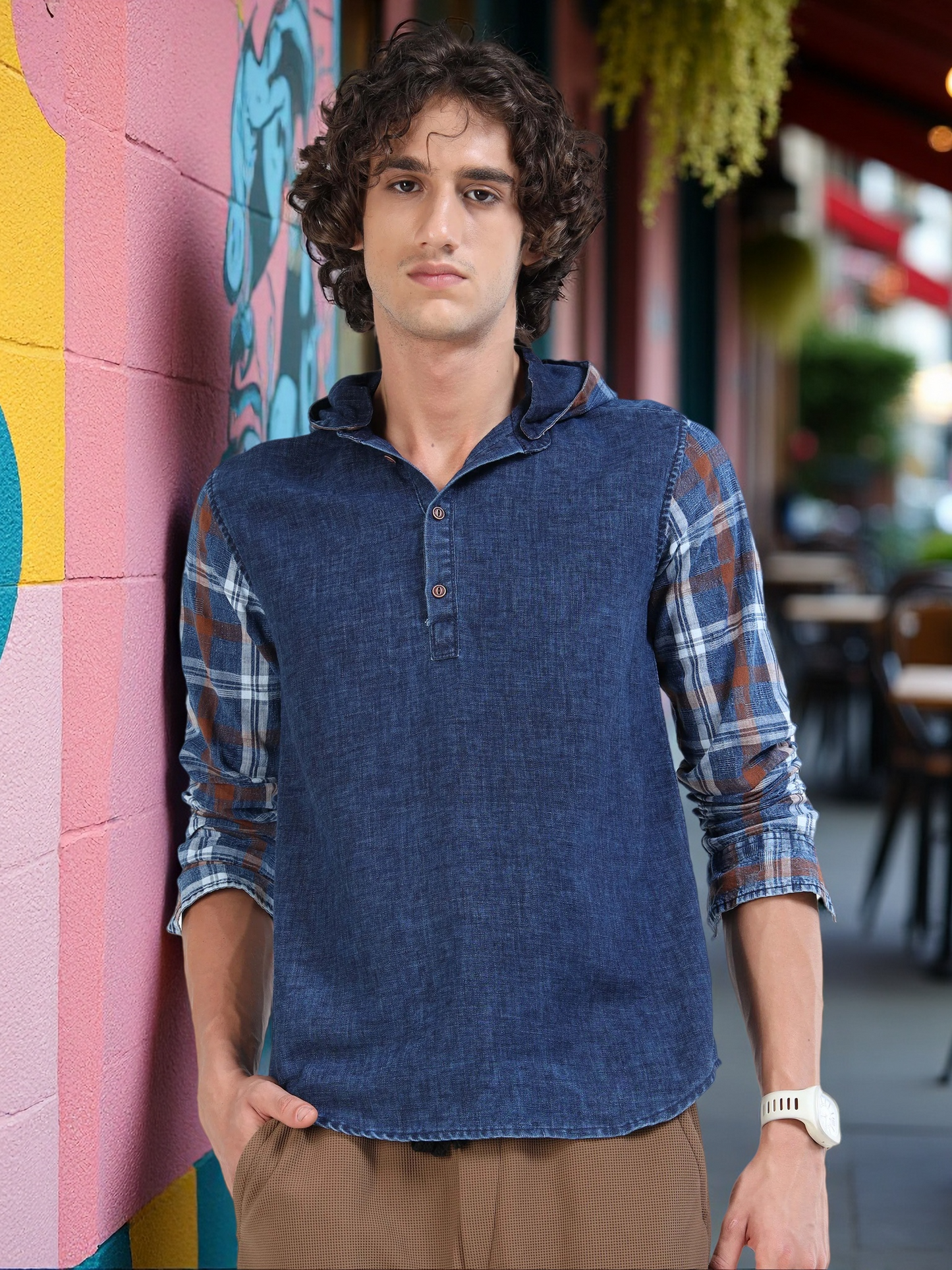 Men’s Indigo Denim Hooded Cotton Shirt with Plaid Contrast Sleeves