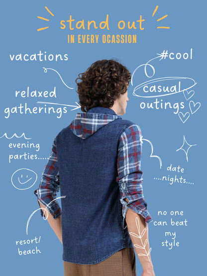 Men’s Indigo Denim Cotton Shirt with Plaid Contrast Sleeves and Half Placket