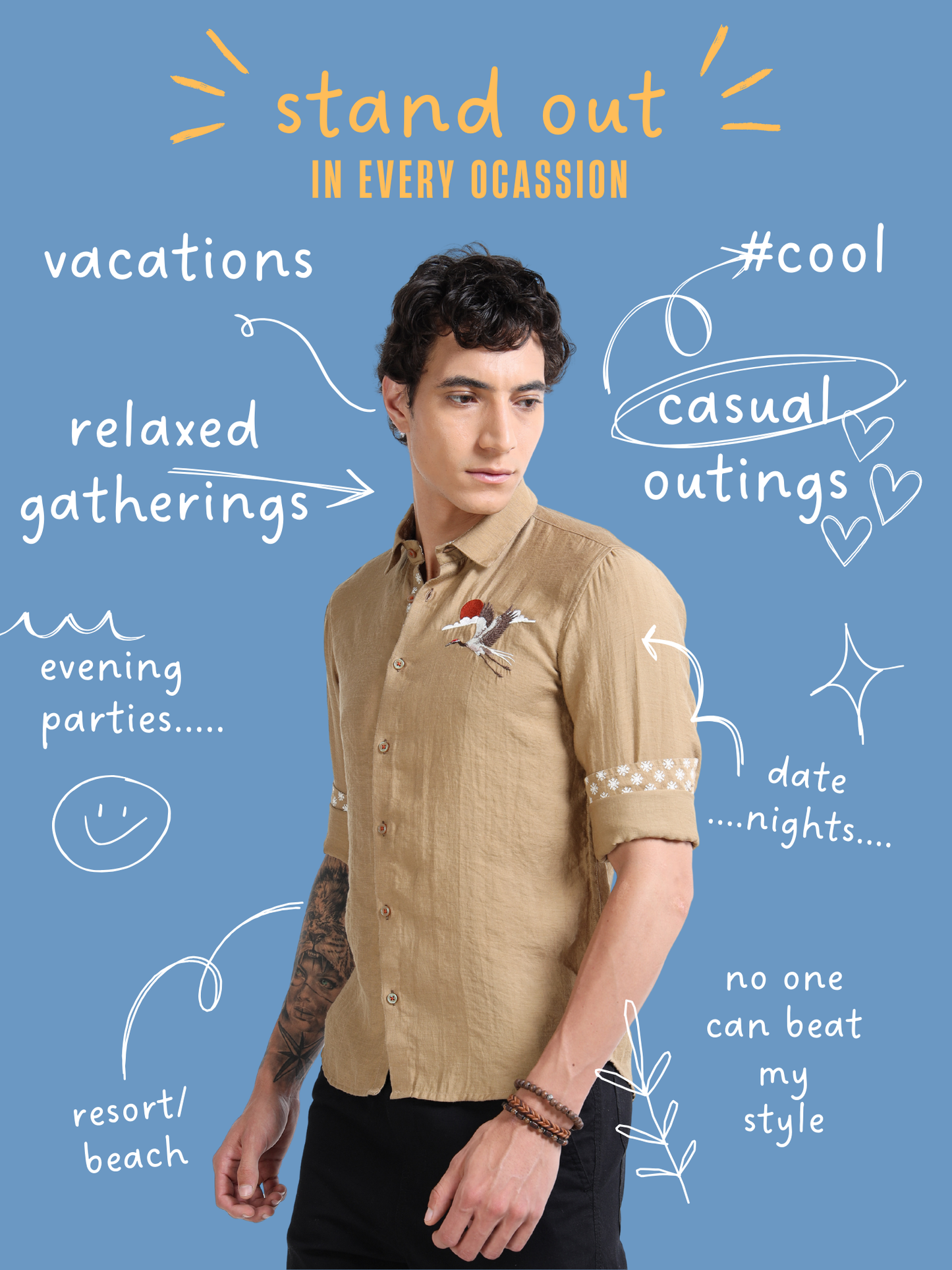 Men’s Beige Textured Cotton Casual Shirt with Crane Embroidery & Contrast Detailing