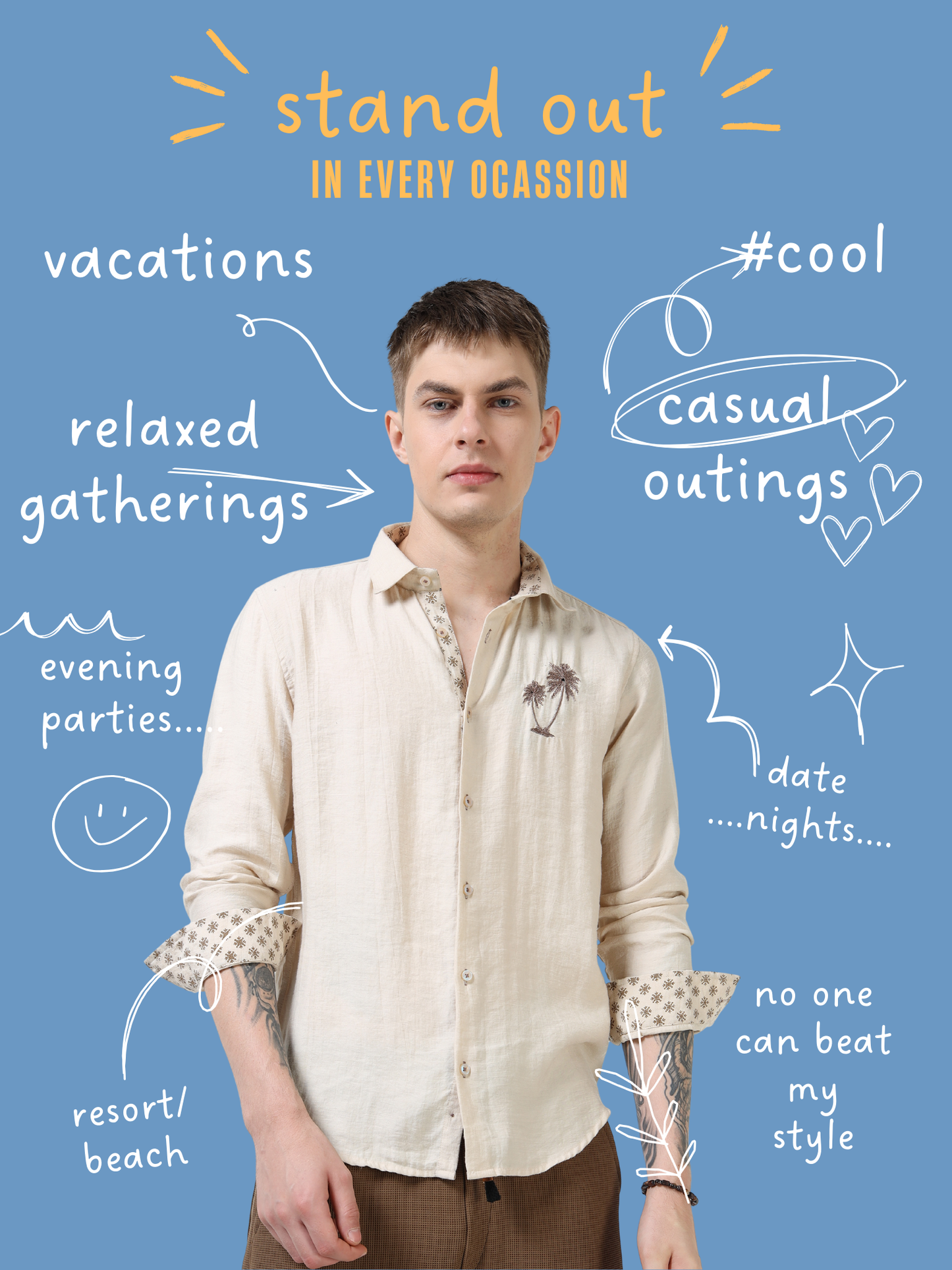 Men’s Beige Textured Cotton Casual Shirt with Palm Tree Embroidery