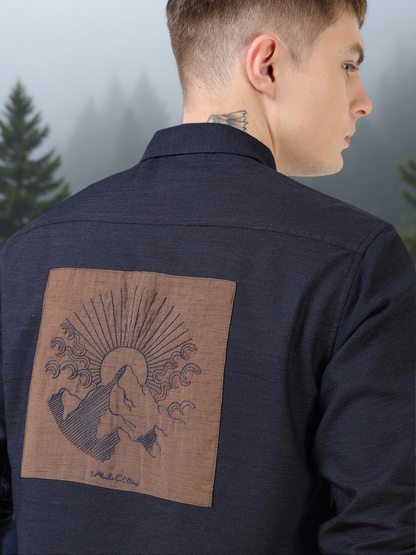 Men’s Black Cotton Casual Shirt with Contrast Brown Embroidered Pocket