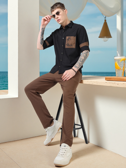 Men’s Navy Blue Cotton Casual Shirt with Contrast Brown Embroidered Pocket