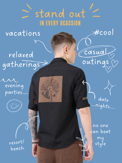 Men’s Navy Blue Cotton Casual Shirt with Contrast Brown Embroidered Pocket