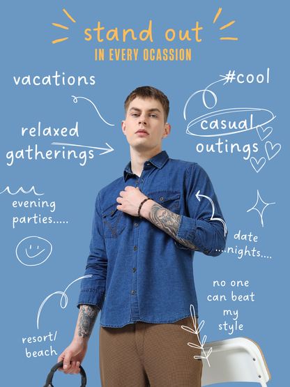 Men’s Indigo Blue Denim Cotton Utility Shirt with Dual Flap Pockets