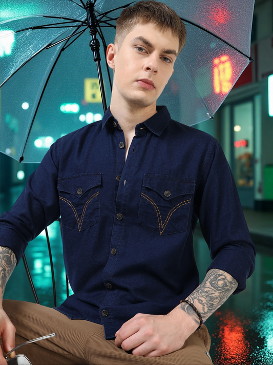 Men’s Dark Indigo Blue Denim Cotton Utility Shirt with Dual Flap Pockets