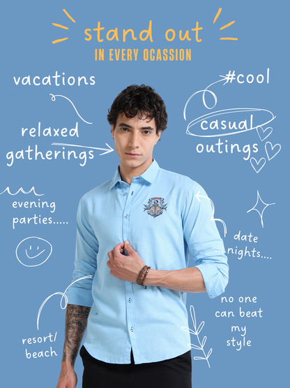 Men’s Light Blue Cotton Casual Shirt with Anchor Embroidery Detailing