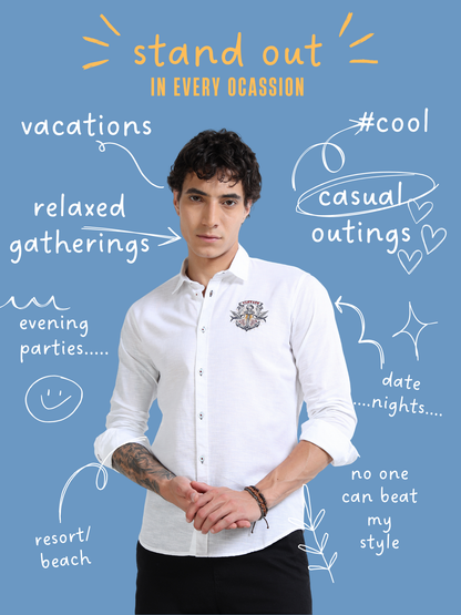 Men’s White Cotton Casual Shirt with Anchor Embroidery Detailing