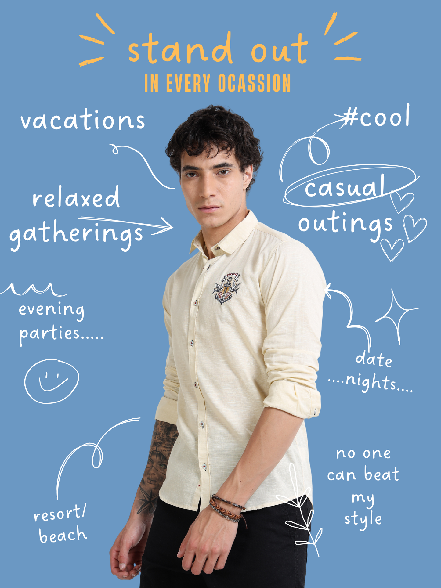 Men’s Beige-Yellow Cotton Casual Shirt with Anchor Embroidery Detailing