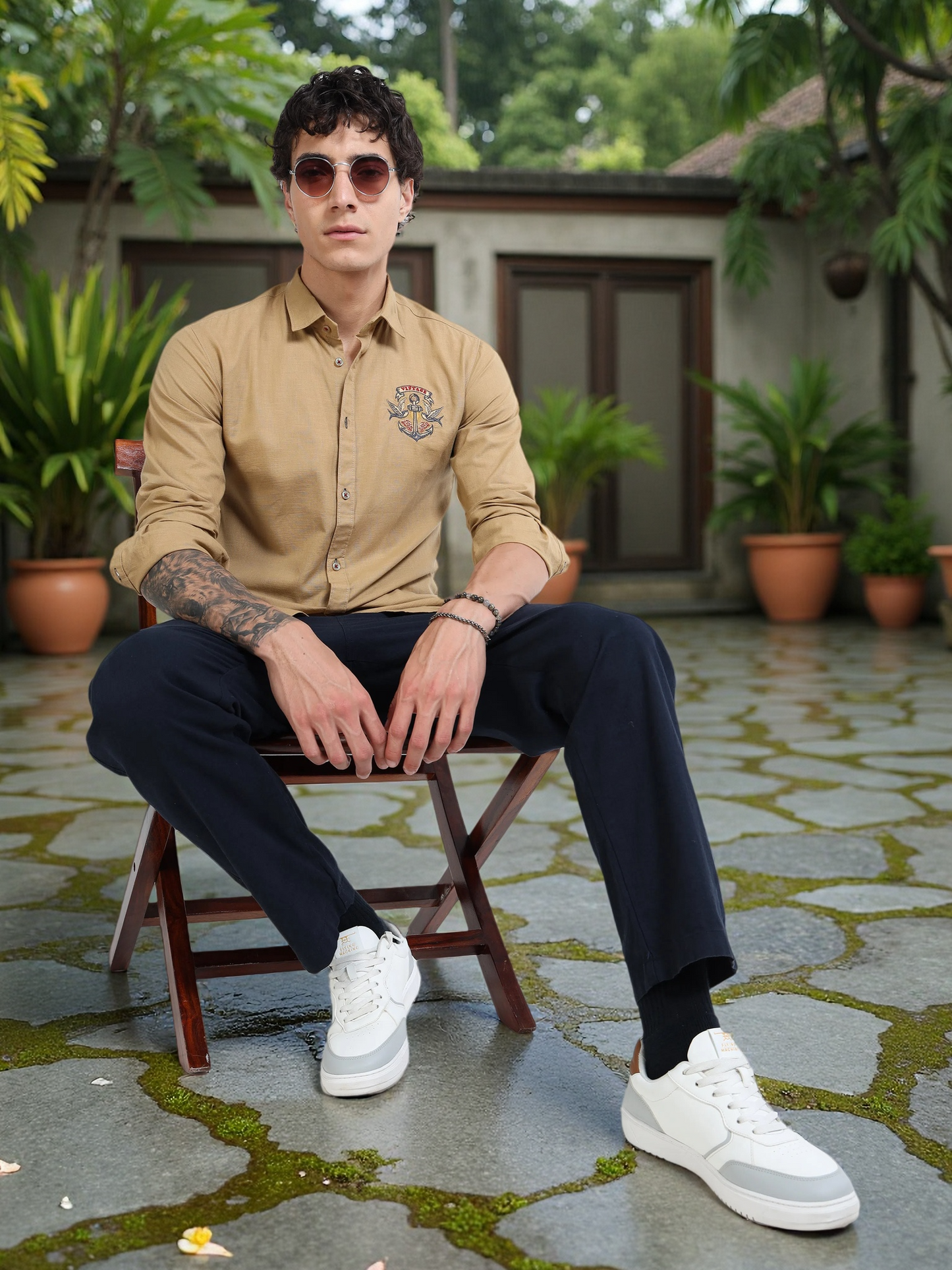 Men’s Brown Cotton Casual Shirt with Anchor Embroidery Detailing