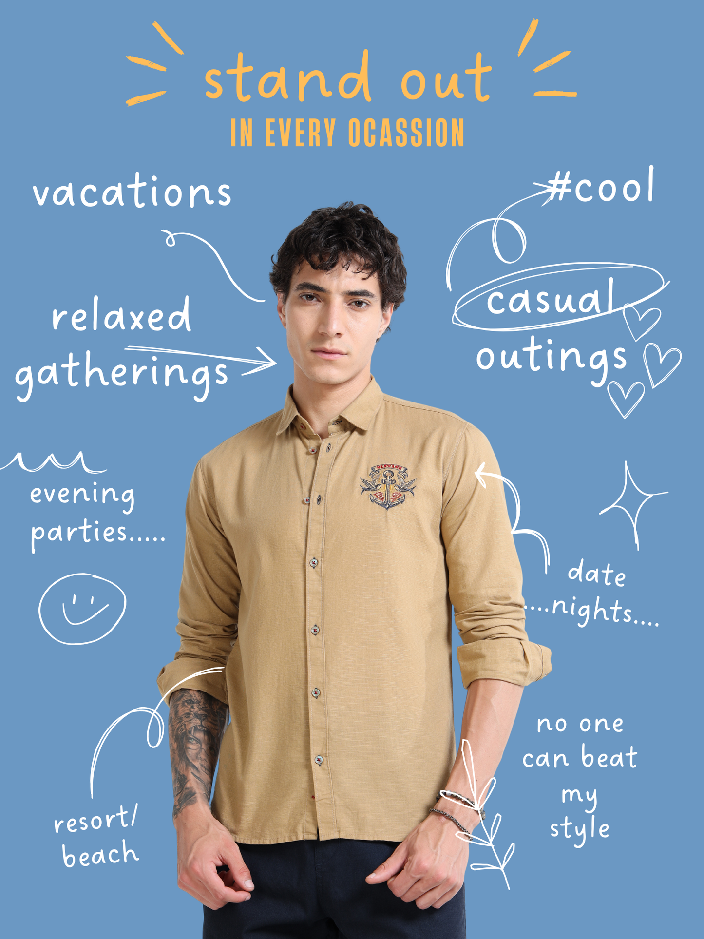 Men’s Brown Cotton Casual Shirt with Anchor Embroidery Detailing