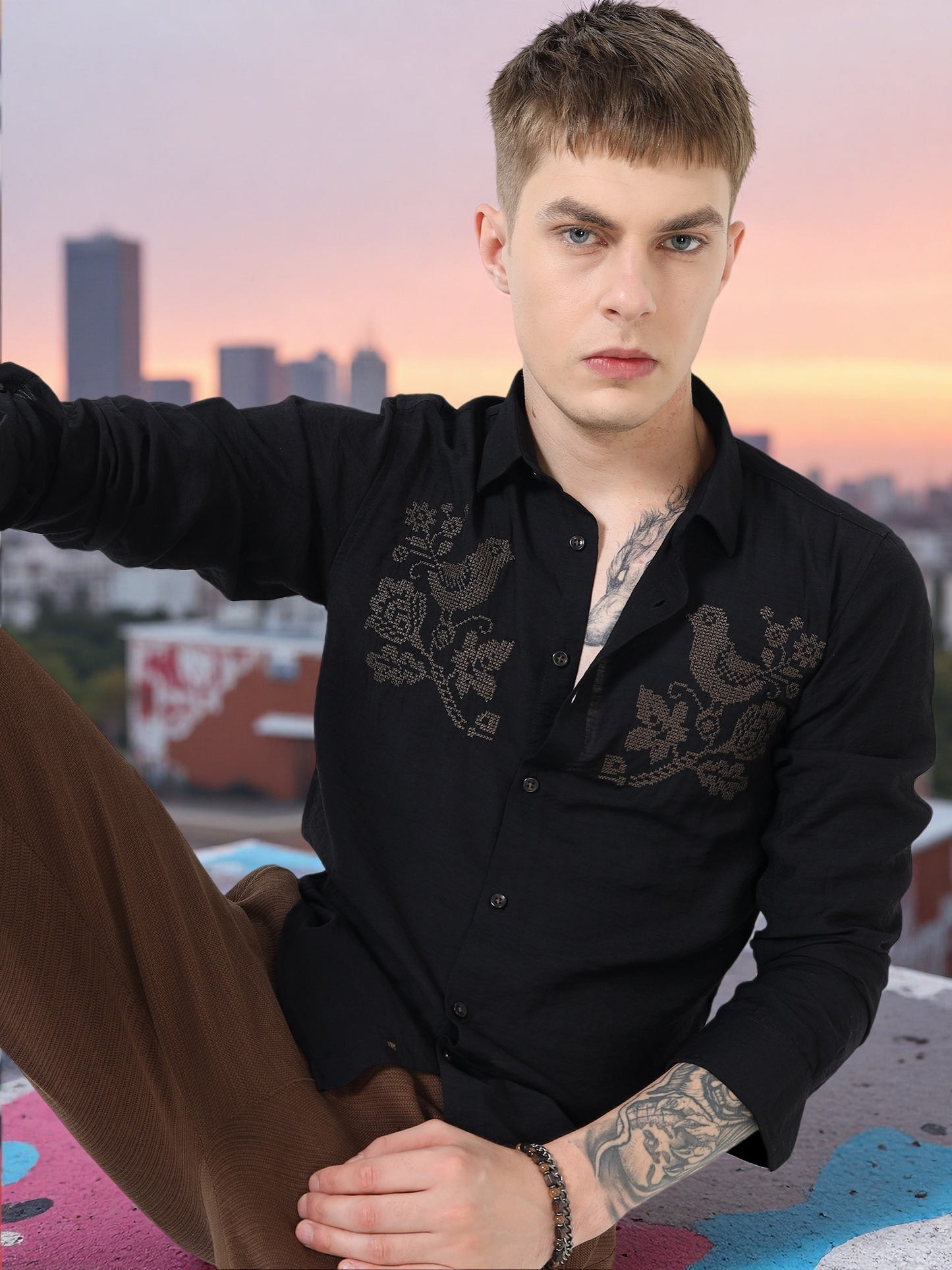 Men’s Black Textured Cotton Casual Shirt with Bird Embroidery Detailing
