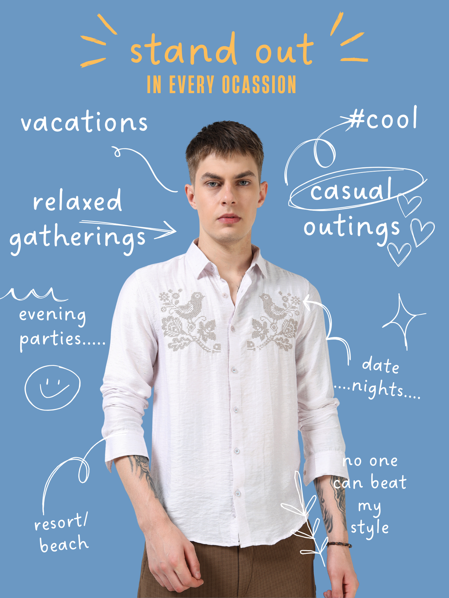 Men’s Light Lavender Textured Cotton Casual Shirt with Bird Embroidery