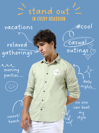 Men’s Light Green Cotton Casual Shirt with Geometric Print Detailing