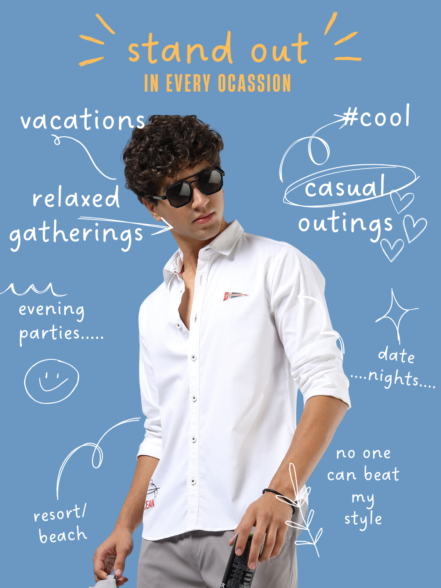 Men’s White Cotton Casual Shirt with Nautical Print Detailing