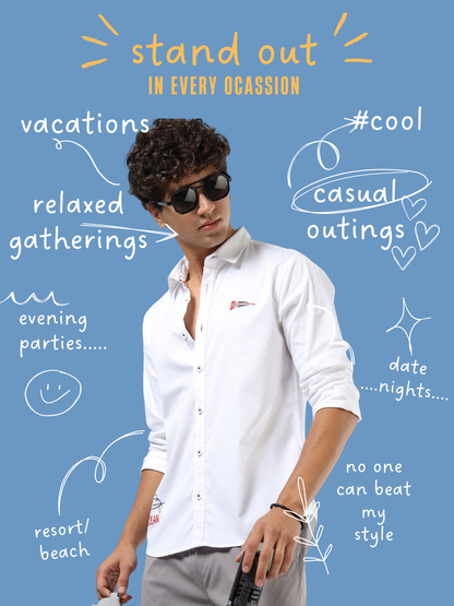 Men’s White Cotton Casual Shirt with Nautical Print Detailing