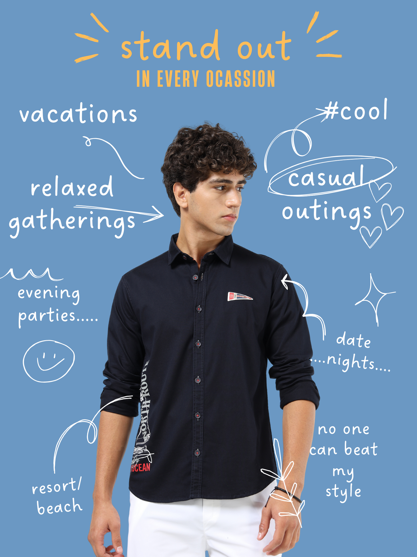 Men’s Black Cotton Casual Shirt with Nautical Print Detailing