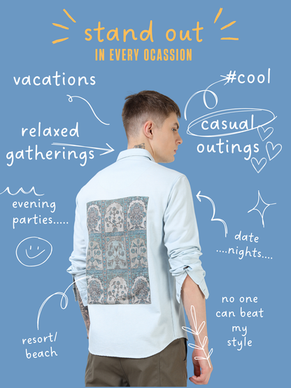 Men’s Light Blue Cotton Casual Shirt with Contrast Printed Pocket