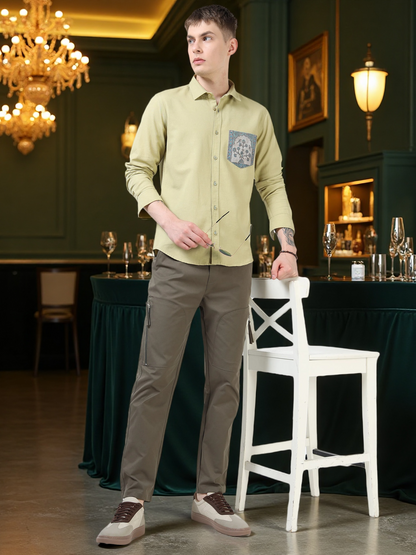 Men’s Light Olive Cotton Casual Shirt with Blue Contrast Prinetd Pocket