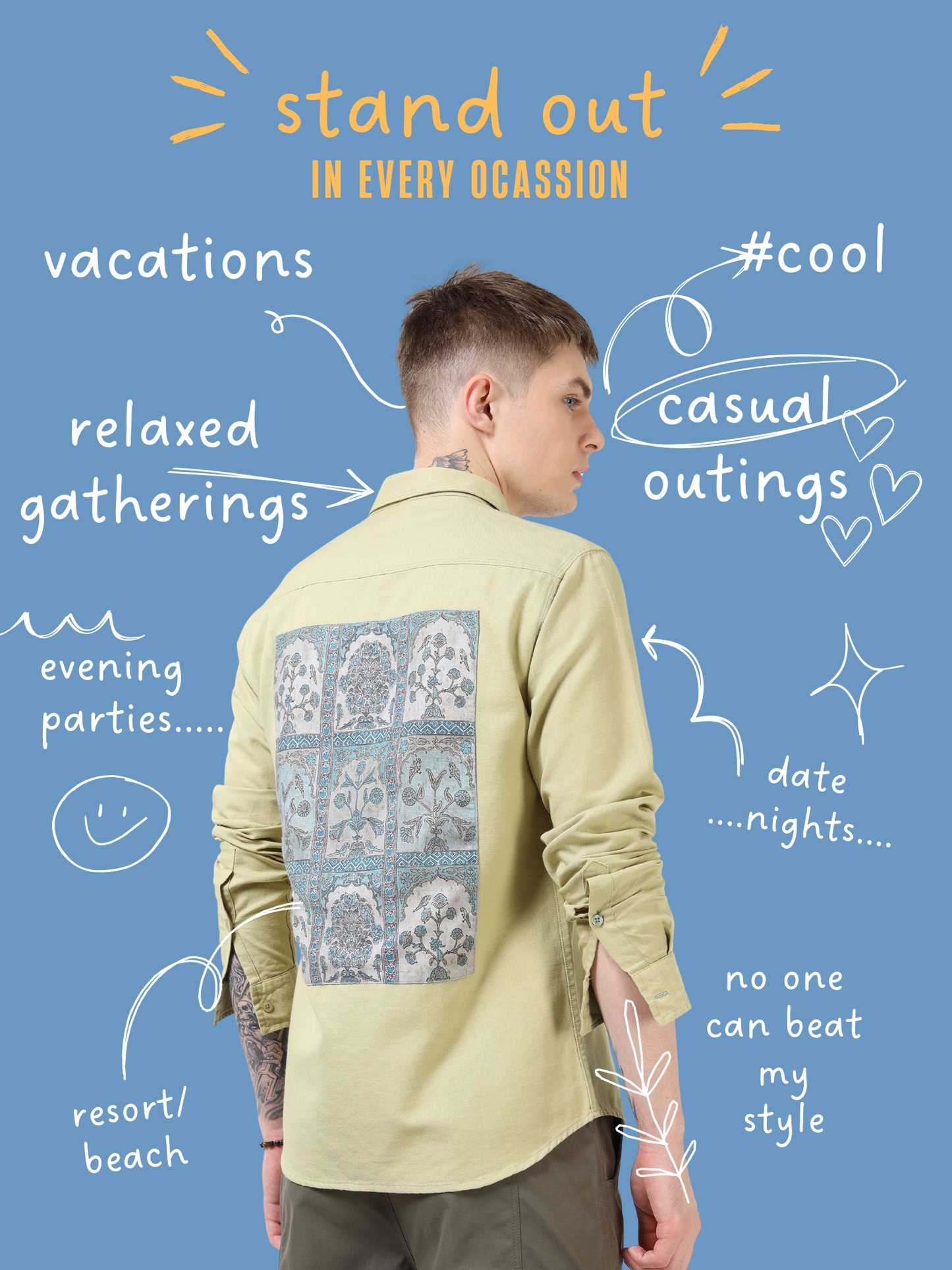 Men’s Light Olive Cotton Casual Shirt with Blue Contrast Prinetd Pocket