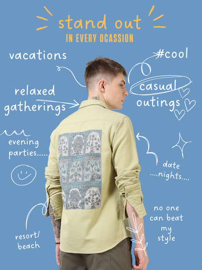 Men’s Light Olive Cotton Casual Shirt with Blue Contrast Prinetd Pocket