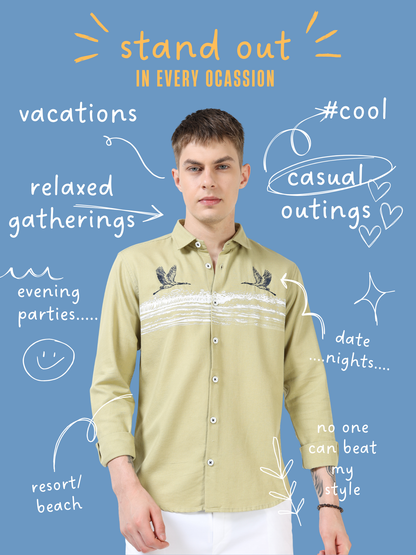 Men’s Light Olive Cotton Casual Shirt with Flying Bird Embroidery