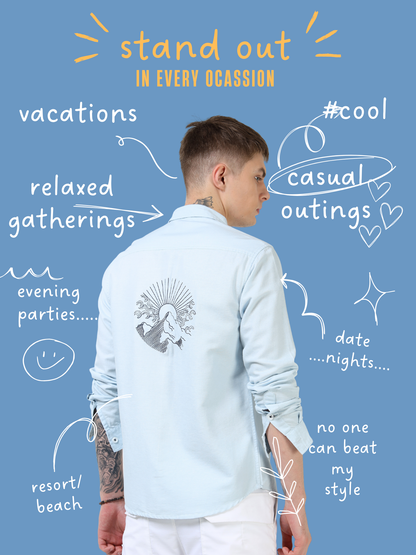 Men’s Light Blue Cotton Casual Shirt with Flying Bird Embroidery