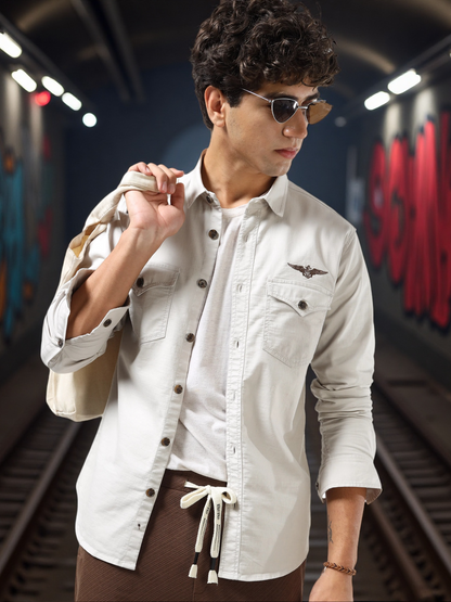 Men’s Beige Cotton Utility Casual Shirt with Dual Flap Pockets