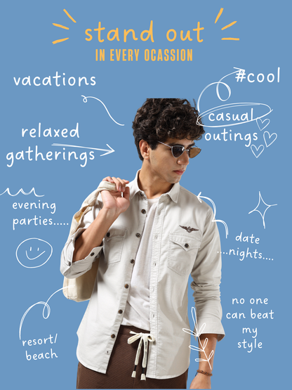 Men’s Beige Cotton Utility Casual Shirt with Dual Flap Pockets