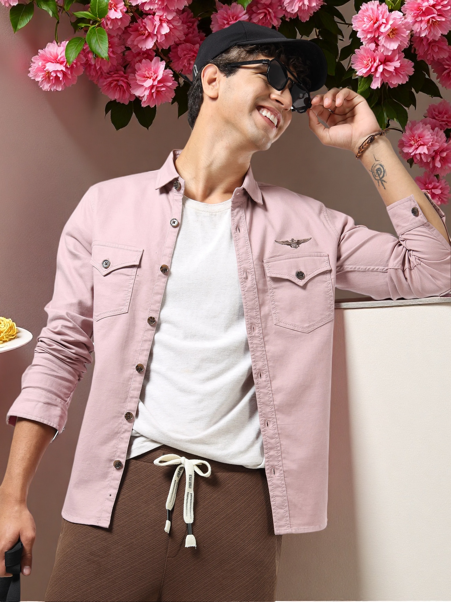 Men’s Light Pink Cotton Utility Casual Shirt with Dual Flap Pockets