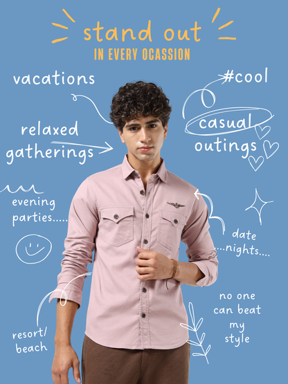 Men’s Light Pink Cotton Utility Casual Shirt with Dual Flap Pockets